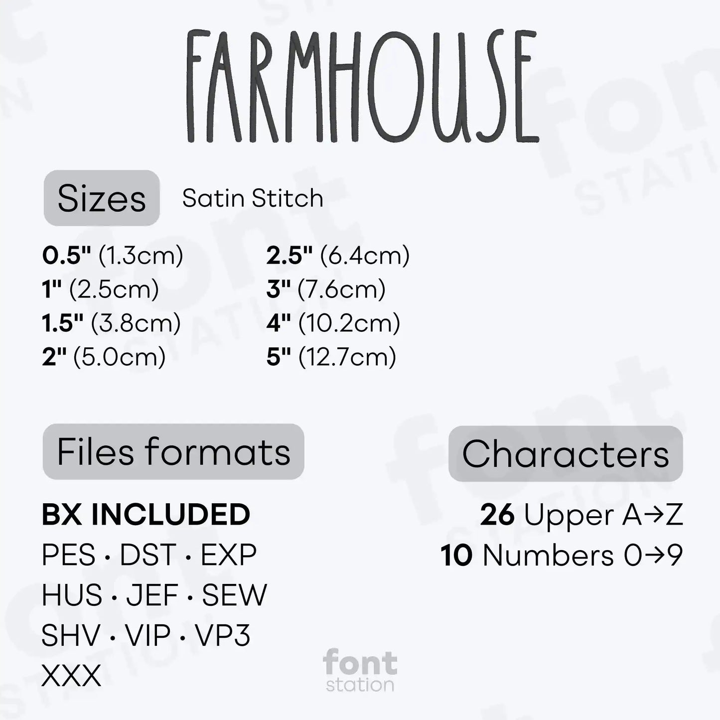 Image showing formats and sizes of the Farmhouse embroidery font created by FontStation