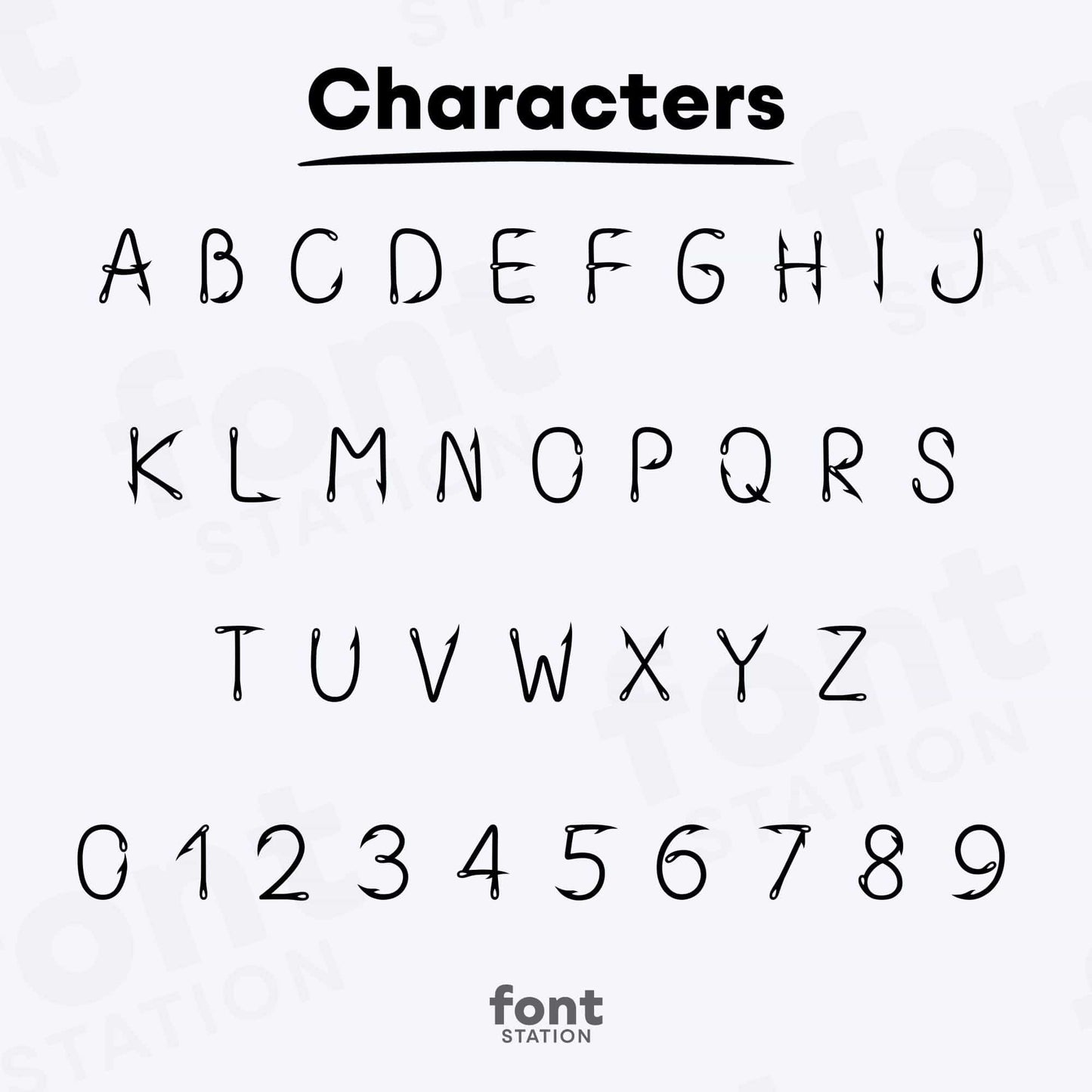 Image showing all characters available in the Fishing Hook font created by FontStation.