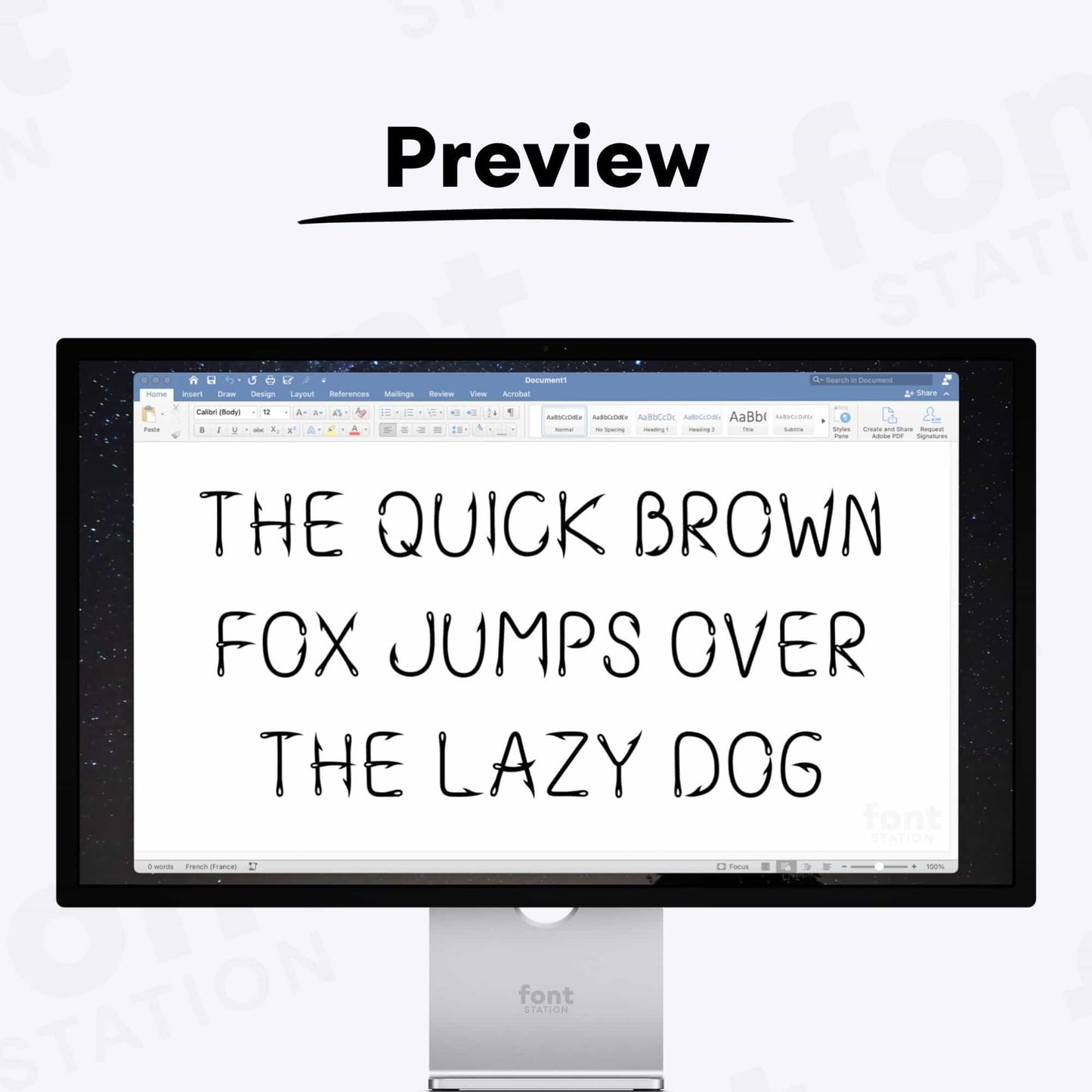 A complete showcase image of the Fishing Hook font, featuring the text 'The quick brown fox jumps over the lazy dog' to display every letter of the alphabet.