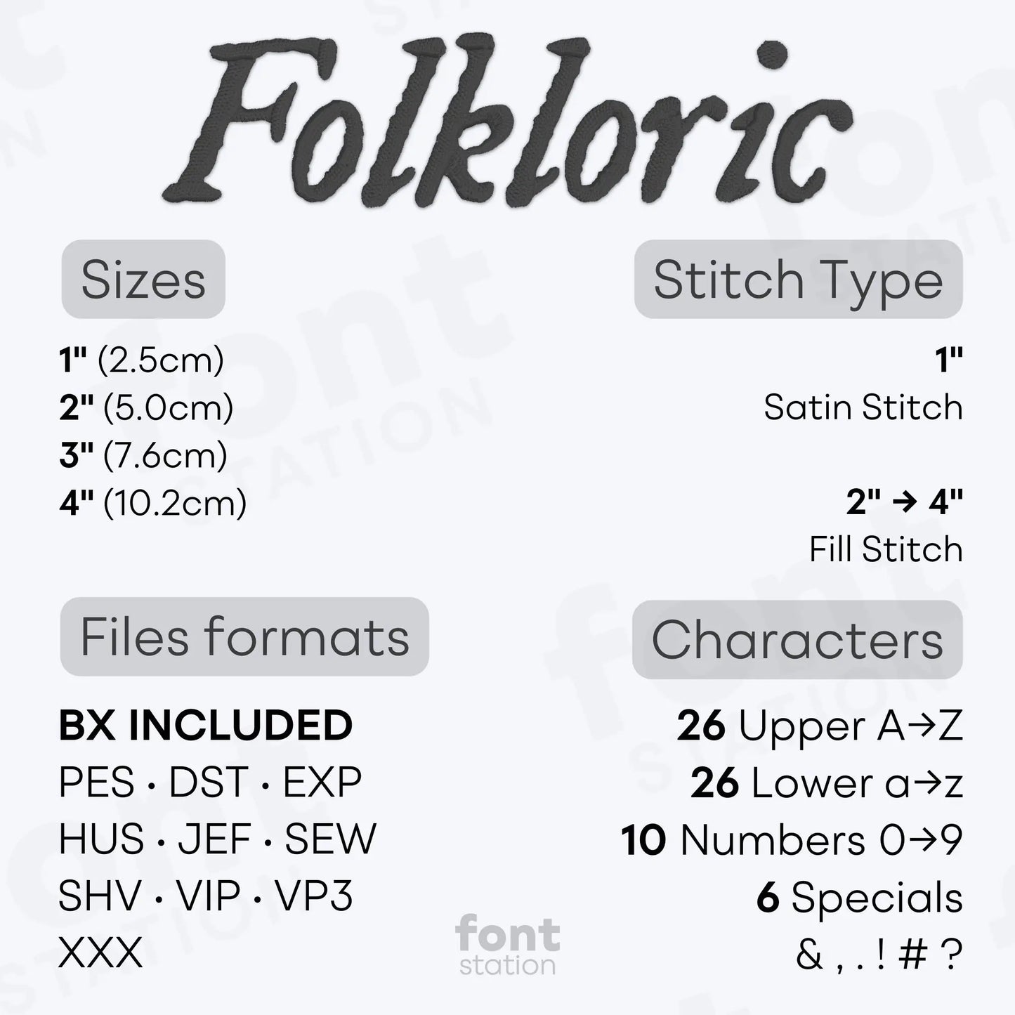 Image showing the different files formats, sizes, stitch type and available characters of the Folkloric Embroidery Font by FontStation