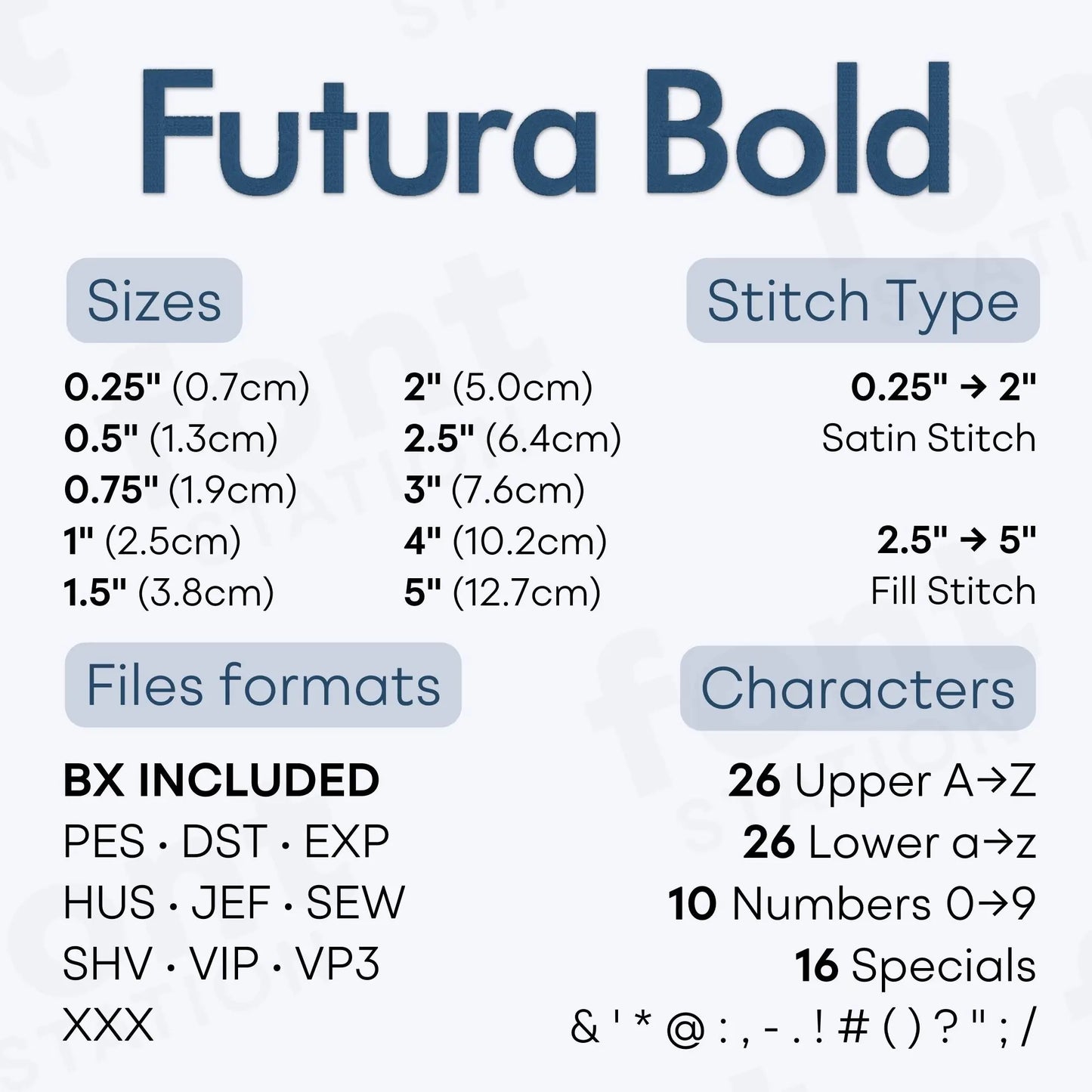 Image showing the different files formats, sizes, stitch type and available characters of the Futura Bold Embroidery Font by FontStation