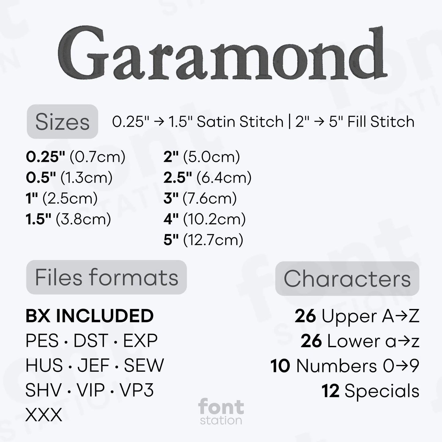 Image showing formats and sizes of the Garamond embroidery font created by FontStation