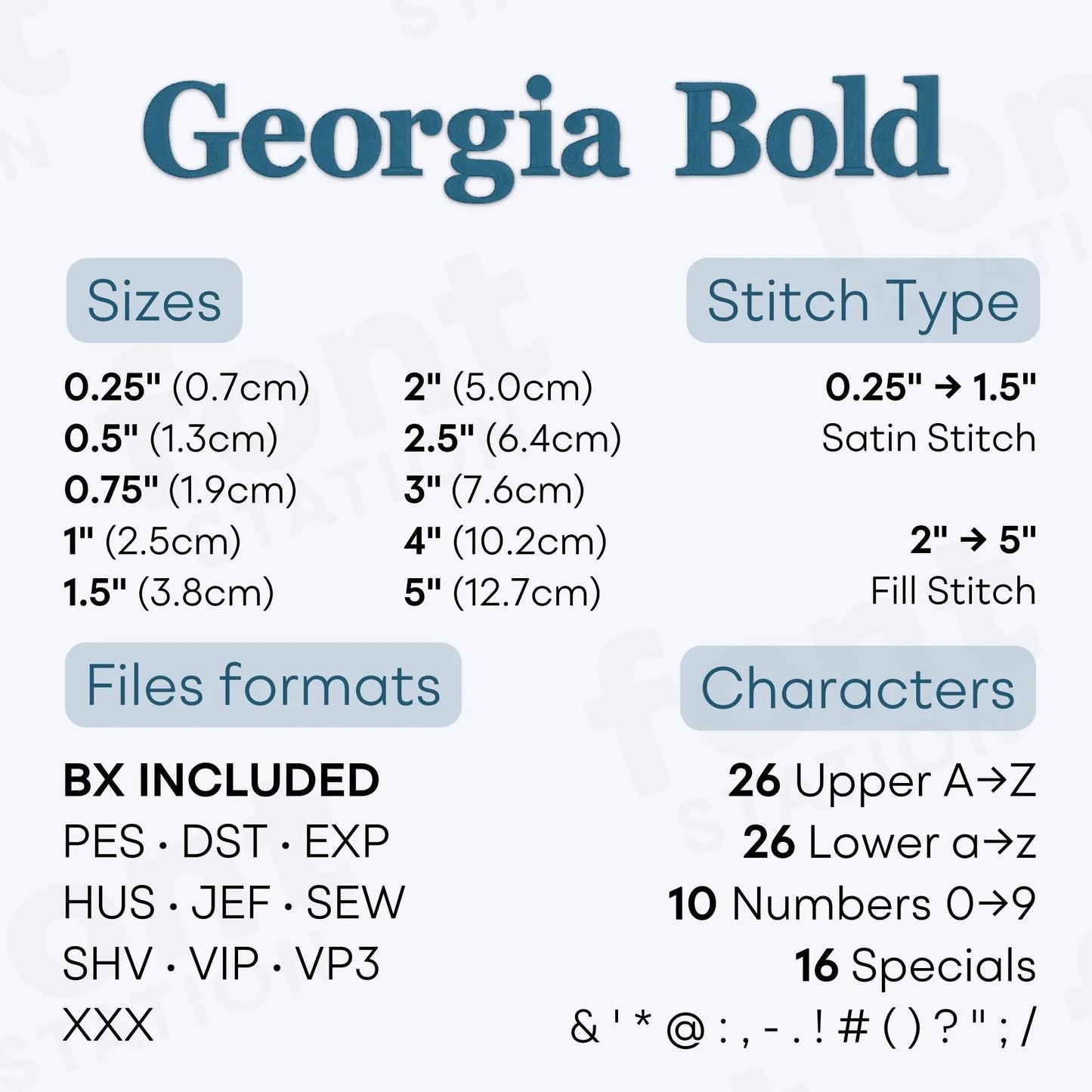 Image showing the different files formats, sizes, stitch type and available characters of the Georgia Bold Embroidery Font by FontStation
