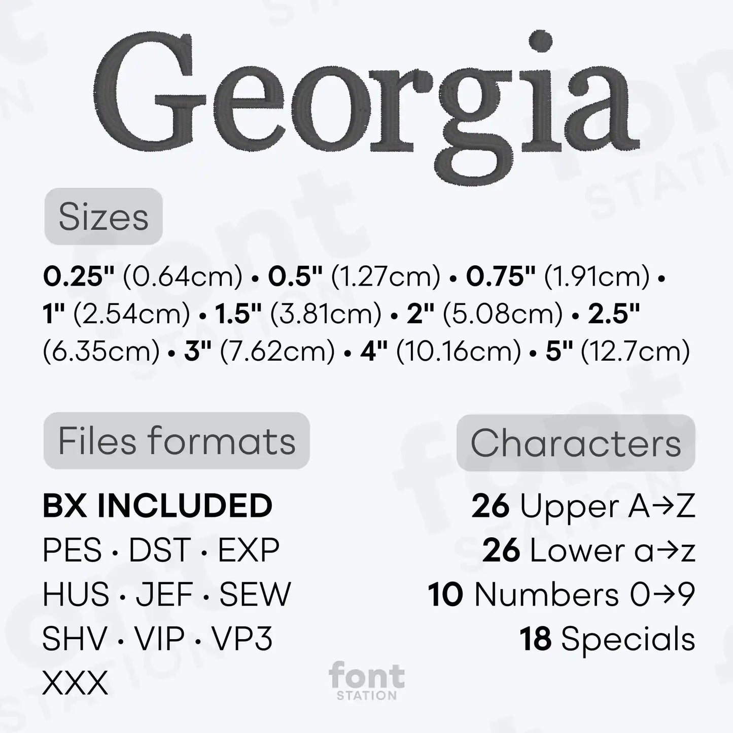 Image showing the different files formats, sizes, stitch type and available characters of the Georgia Embroidery Font by FontStation