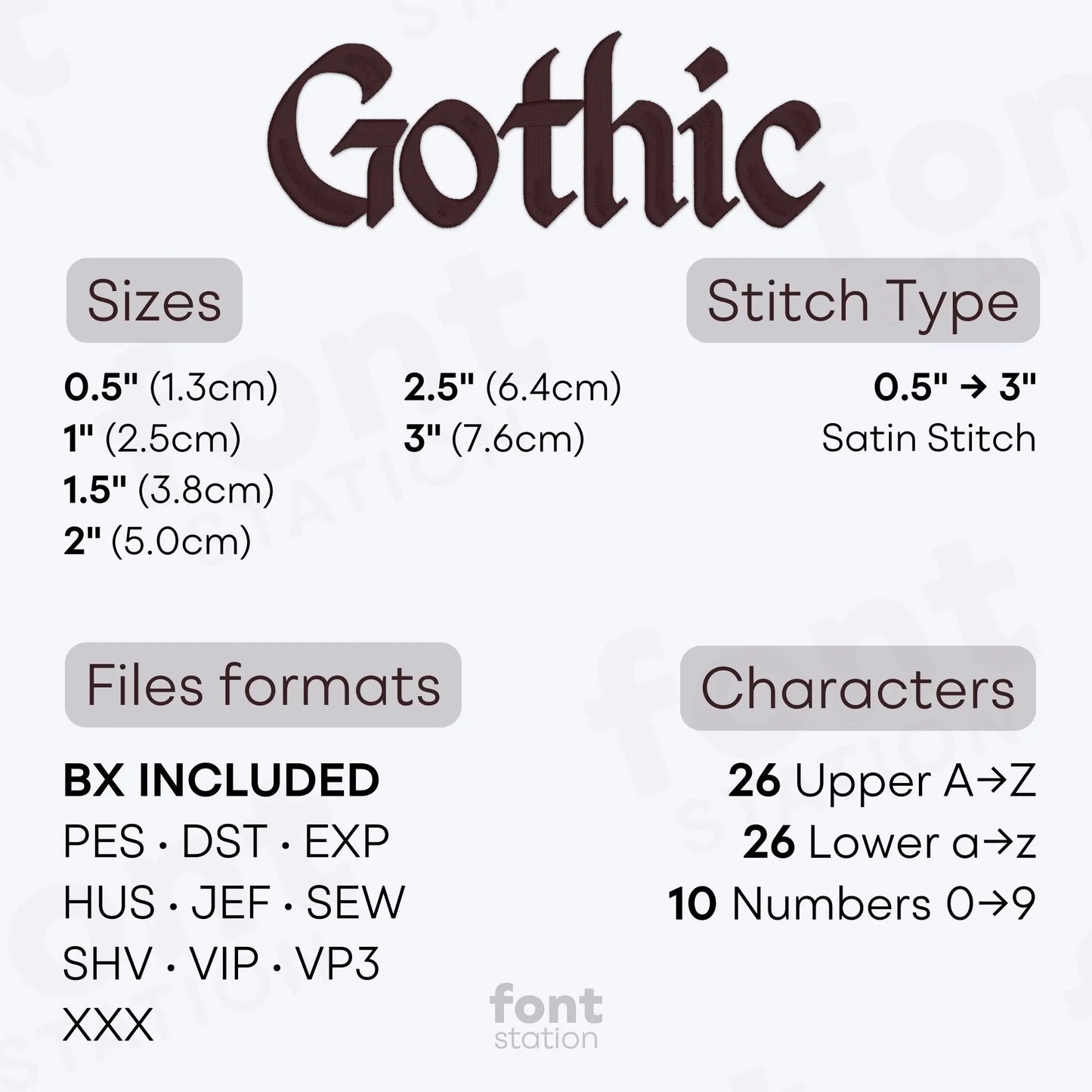 Image showing the different files formats, sizes, stitch type and available characters of the Gothic Embroidery Font by FontStation