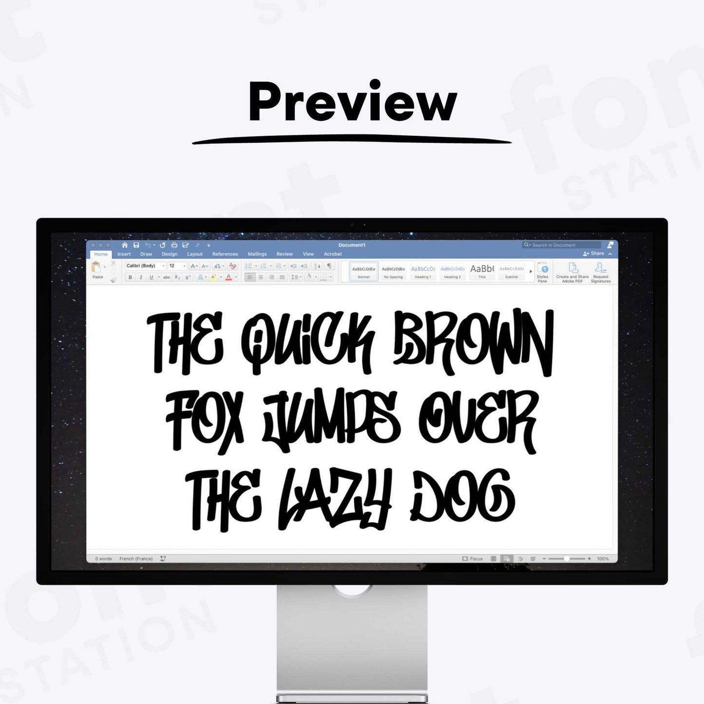 A complete showcase image of the Graffiti font, featuring the text 'The quick brown fox jumps over the lazy dog' to display every letter of the alphabet.