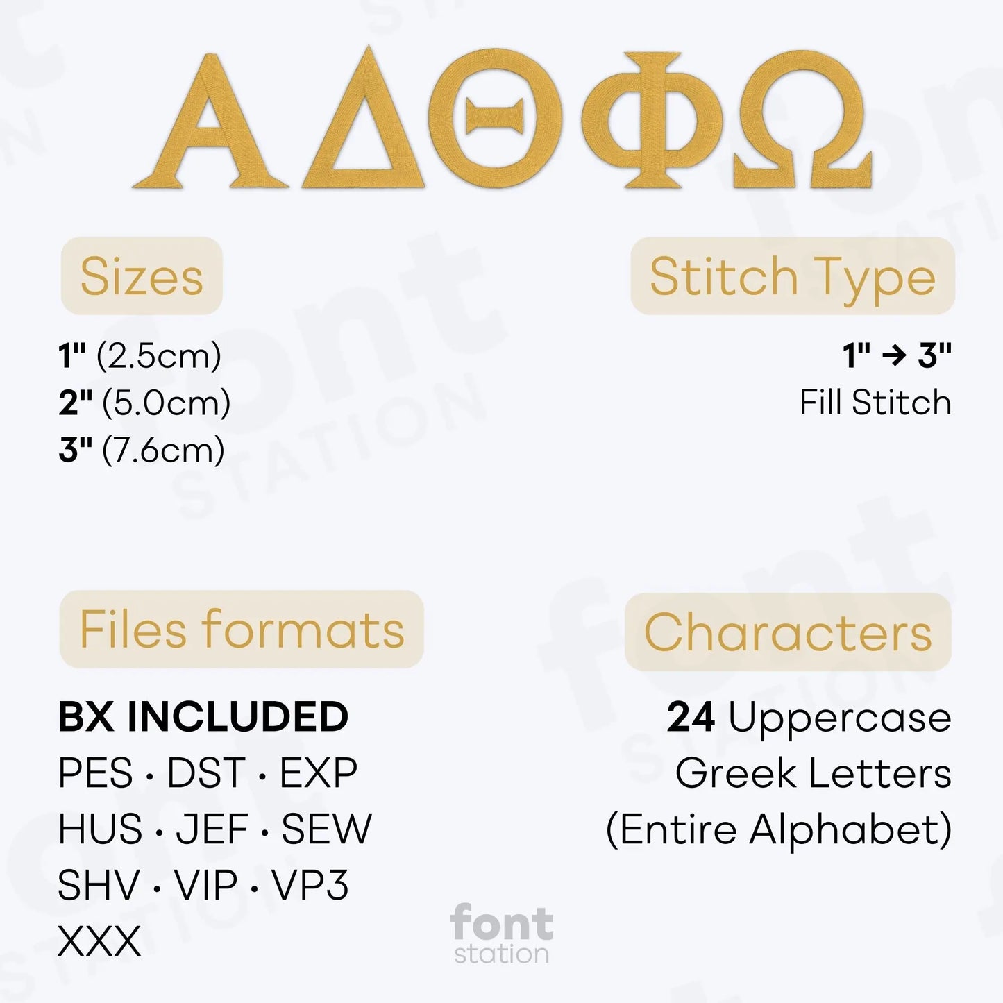 Image showing the different files formats, sizes, stitch type and available characters of the Greek Letters Embroidery Font by FontStation