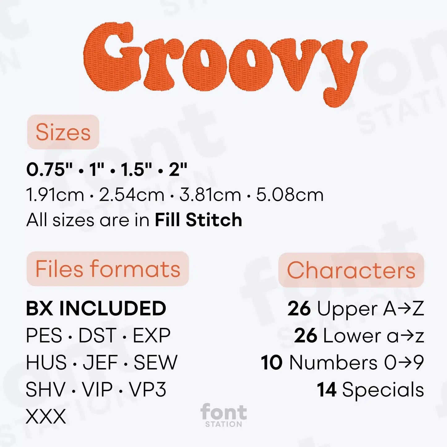 Image showing the different files formats, sizes, stitch type and available characters of the Groovy Embroidery Font by FontStation