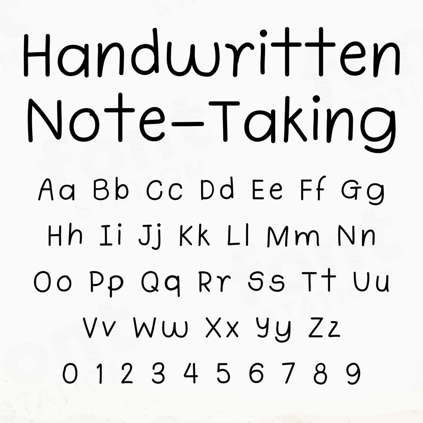 Image showing all characters available in the Handwritten Note Taking font created by FontStation.