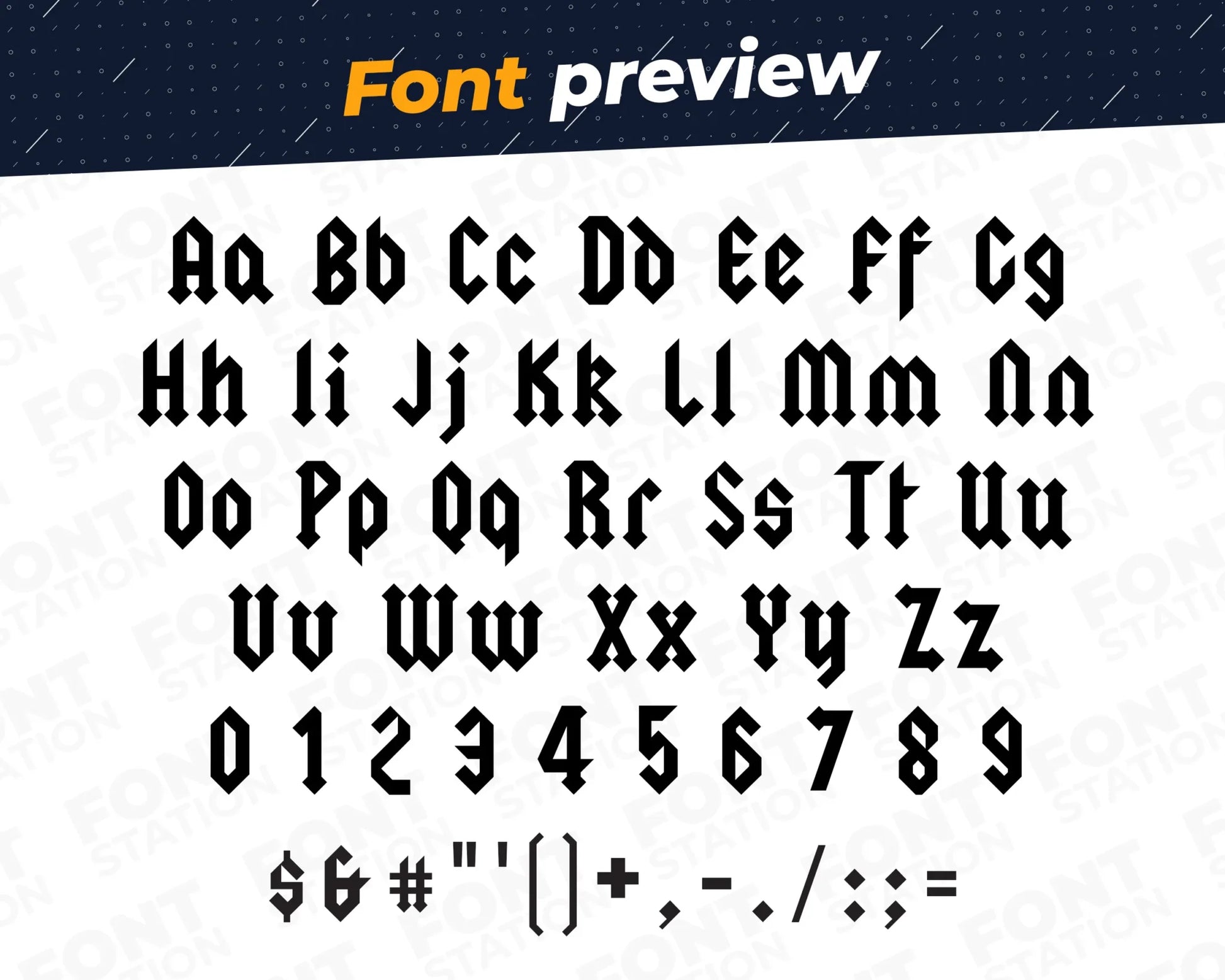 Image showing all characters available in the Hard Rock font created by FontStation.