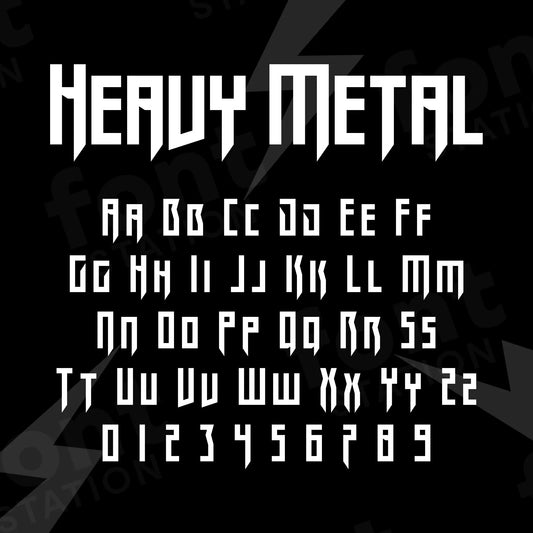 Image showing all characters available in the Heavy Metal font created by FontStation.