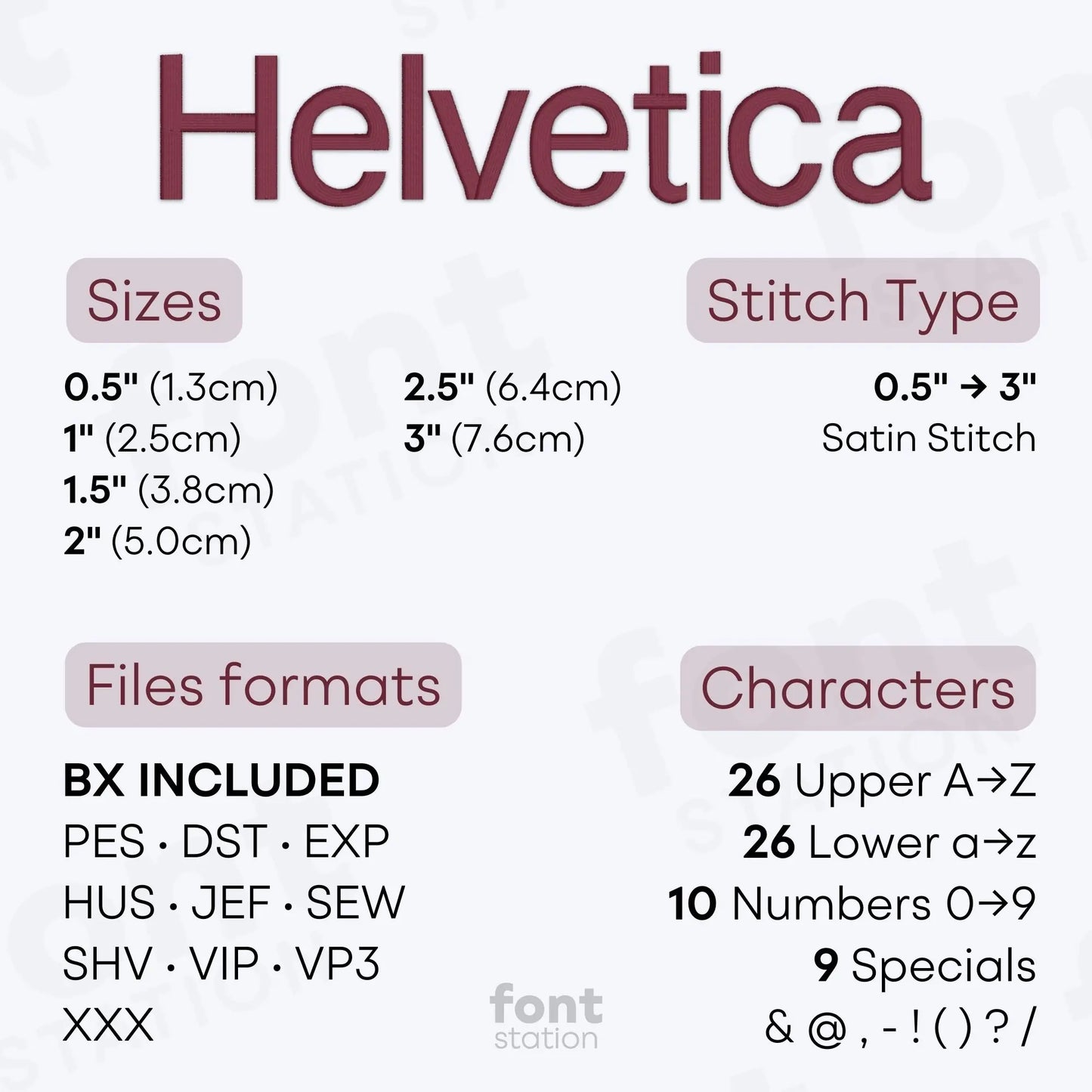 Image showing the different files formats, sizes, stitch type and available characters of the Helvetica Embroidery Font by FontStation