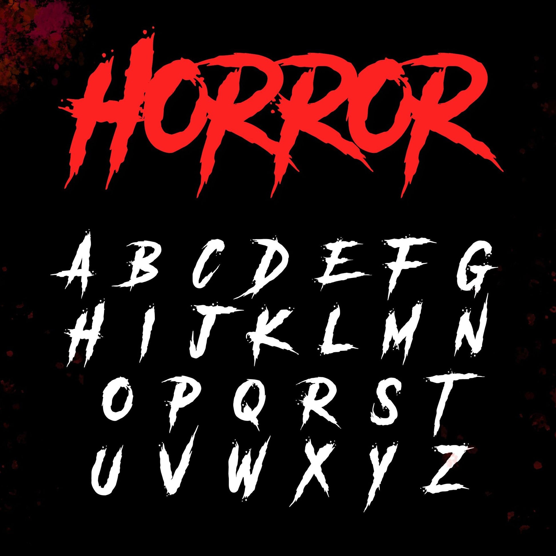 Image showing all characters available in the Horror font created by FontStation.