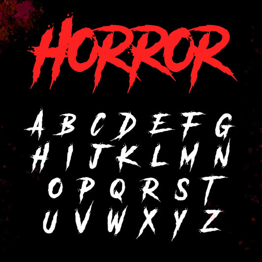 Image showing all characters available in the Horror font created by FontStation.