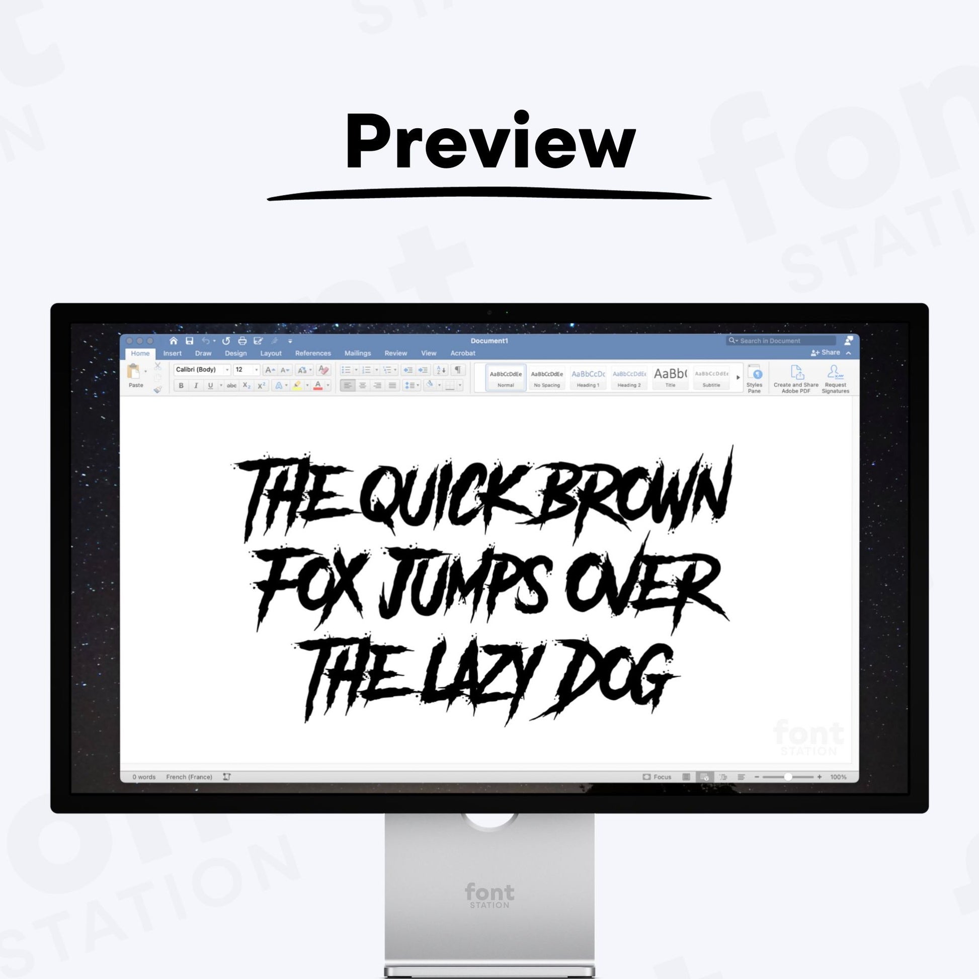 A complete showcase image of the Horror font, featuring the text 'The quick brown fox jumps over the lazy dog' to display every letter of the alphabet.