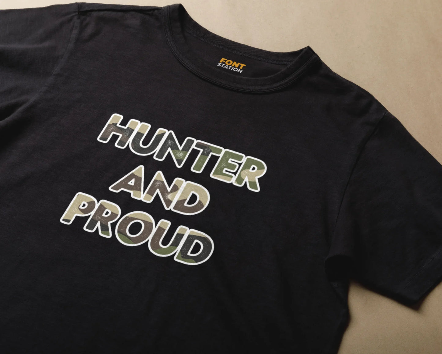 Sublimated T-Shirt with Hunting Distressed Font Typography - Fashionable Apparel Displaying Stylish Lettering