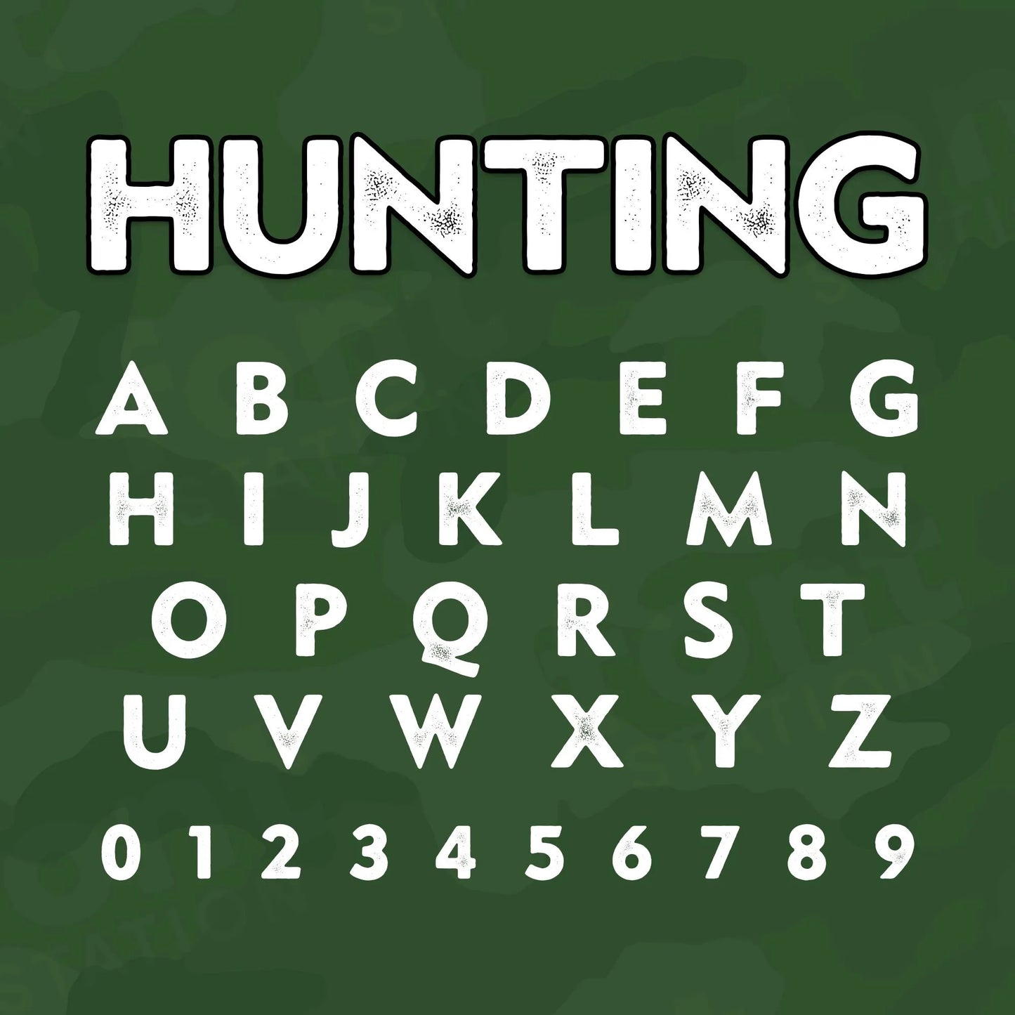 Image showing all characters available in the Hunting Distressed font created by FontStation.