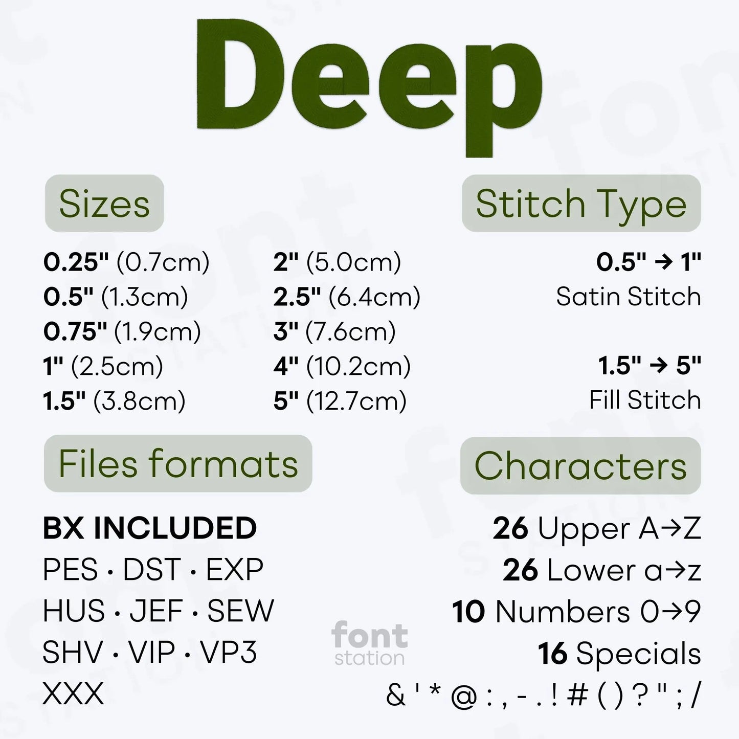 Image showing the different files formats, sizes, stitch type and available characters of the Jeep Embroidery Font by FontStation