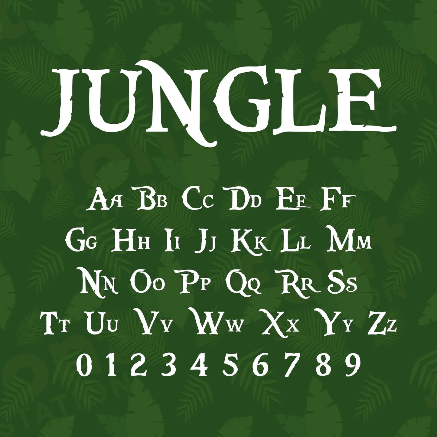 Image showing all characters available in the Jungle font created by FontStation.