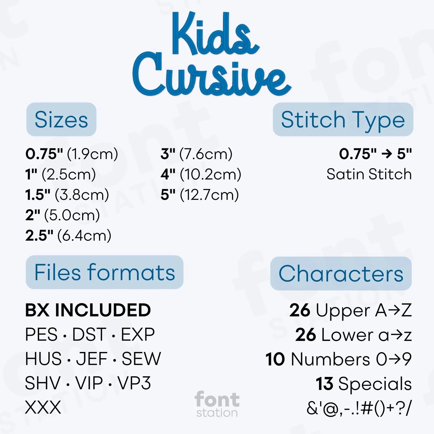 Image showing the different files formats, sizes, stitch type and available characters of the Kids Cursive Embroidery Font by FontStation