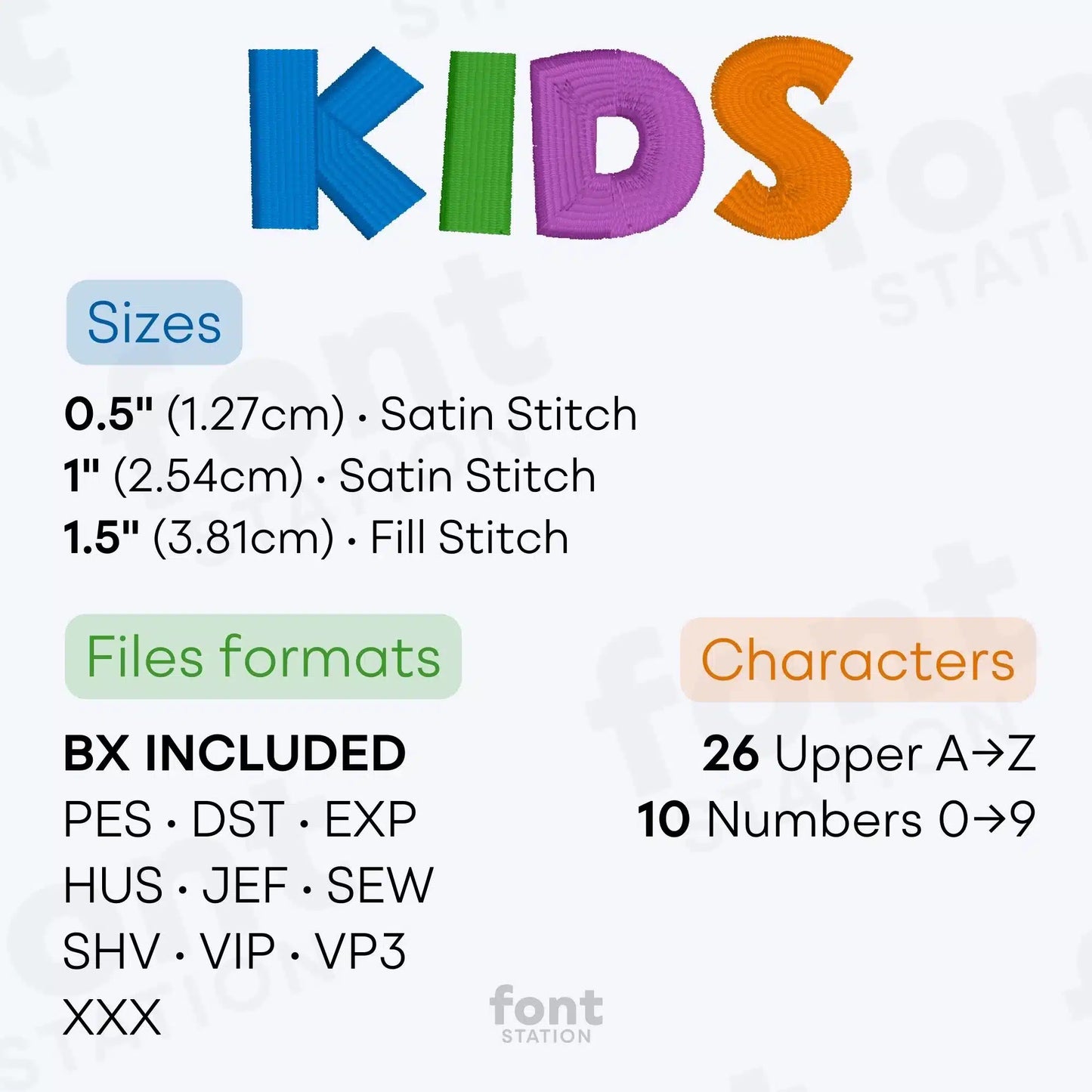 Image showing formats and sizes of the Kids embroidery font created by FontStation