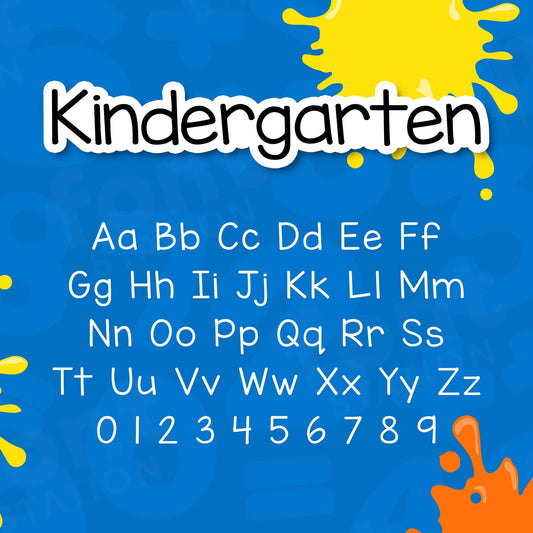 Image showing all characters available in the Kindergarten font created by FontStation.