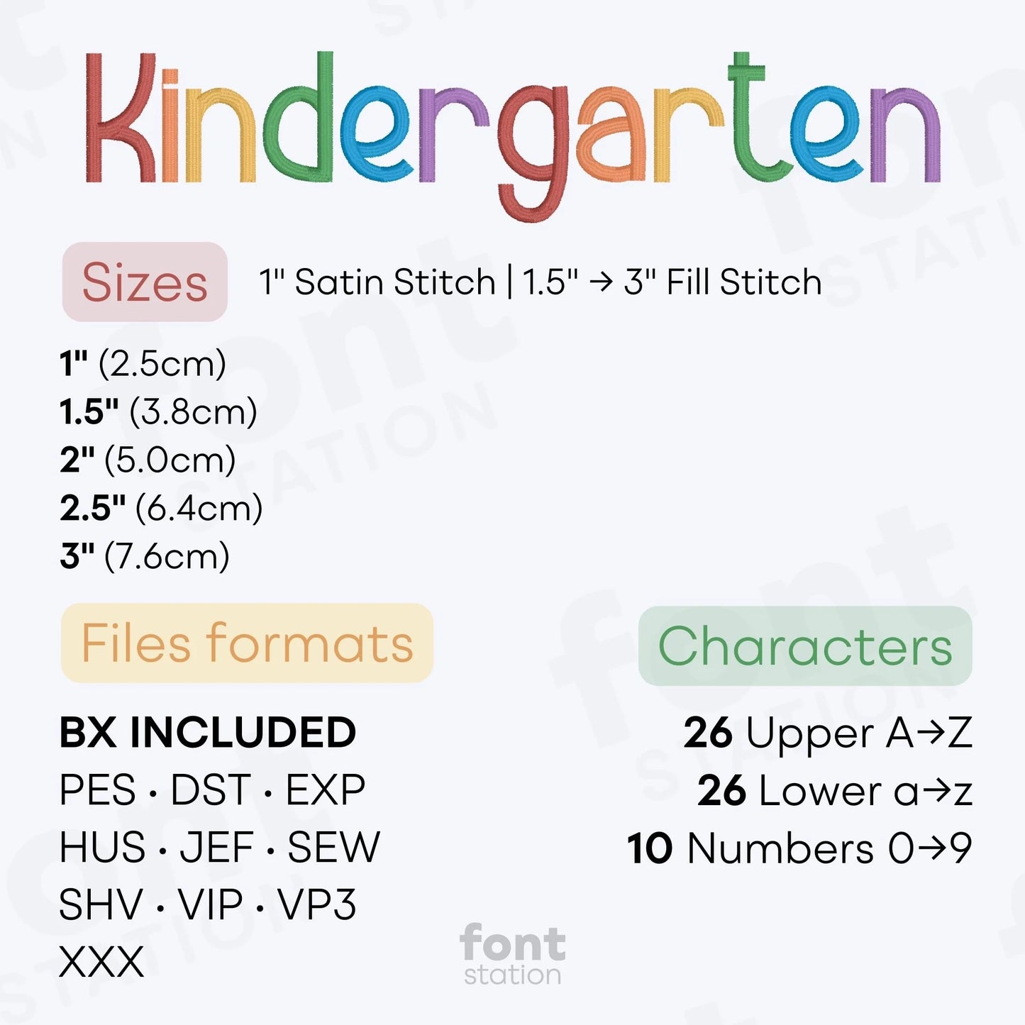 Image showing the different files formats, sizes, stitch type and available characters of the Kindergarten Embroidery Font by FontStation