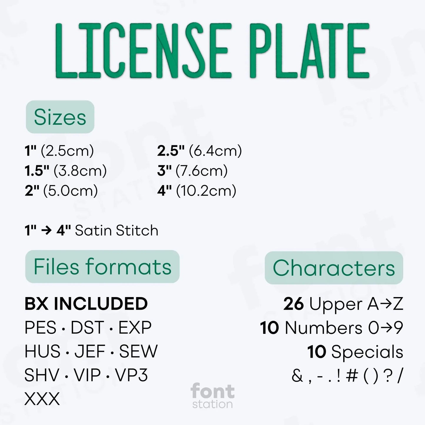Image showing the different files formats, sizes, stitch type and available characters of the License Plate Embroidery Font by FontStation