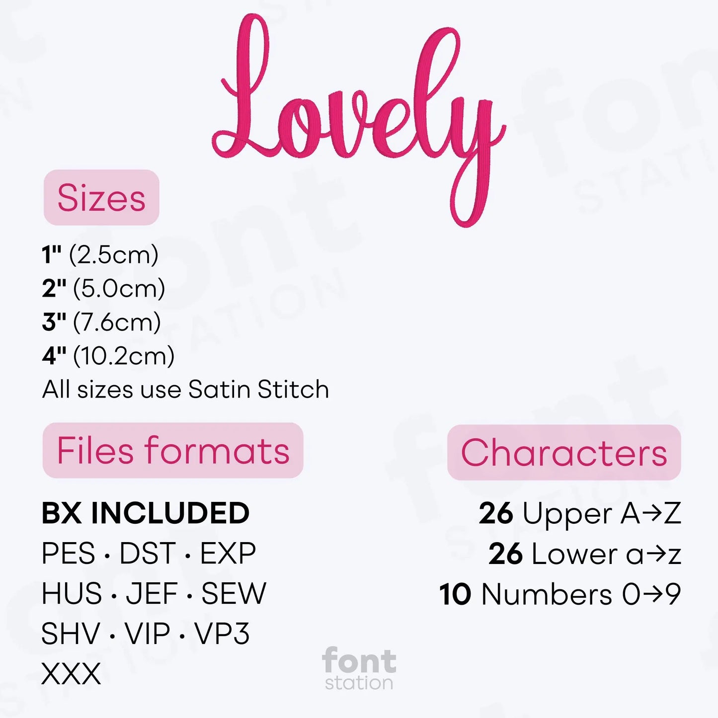 Image showing the different files formats, sizes, stitch type and available characters of the Lovely Embroidery Font by FontStation
