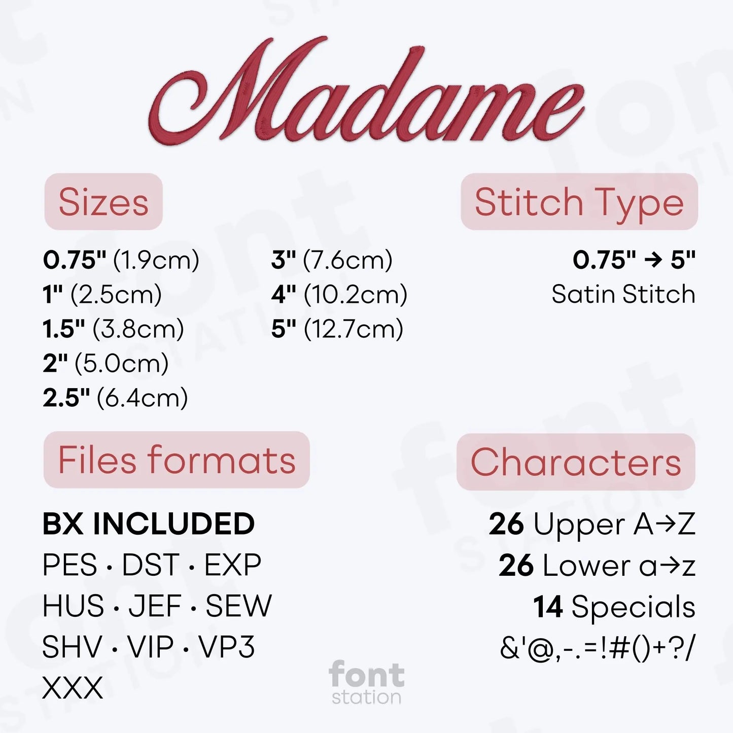 Image showing the different files formats, sizes, stitch type and available characters of the Madame Embroidery Font by FontStation