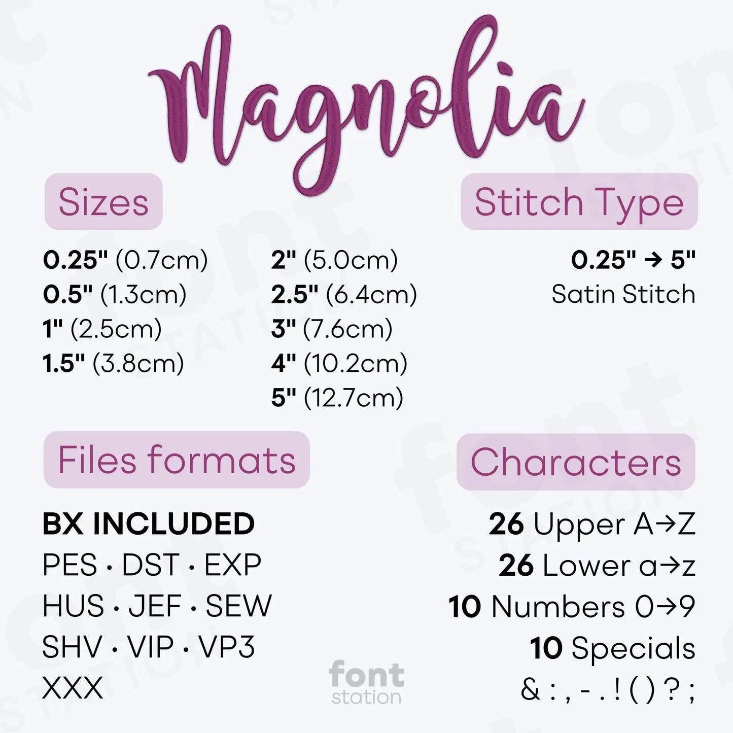 Image showing the different files formats, sizes, stitch type and available characters of the Magnolia Sky Embroidery Font by FontStation