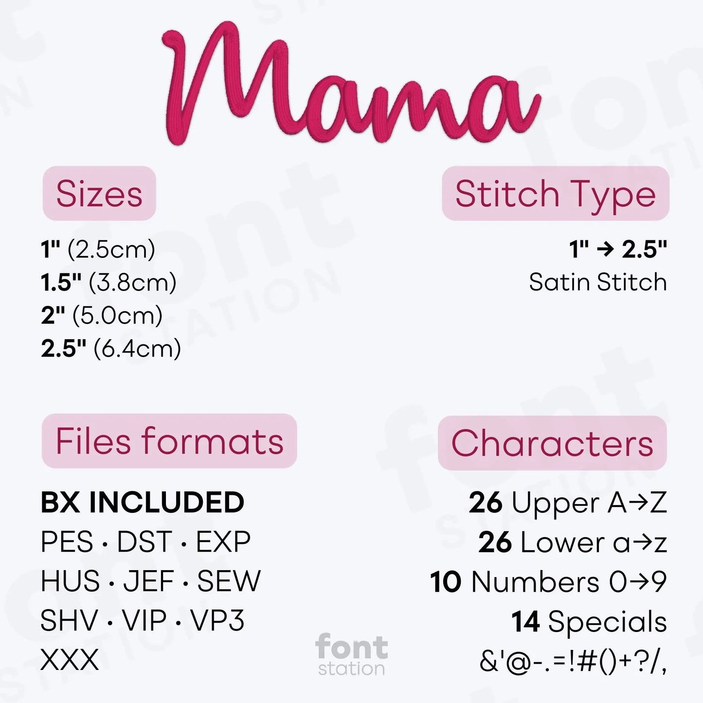 Image showing the different files formats, sizes, stitch type and available characters of the Mama Embroidery Font by FontStation