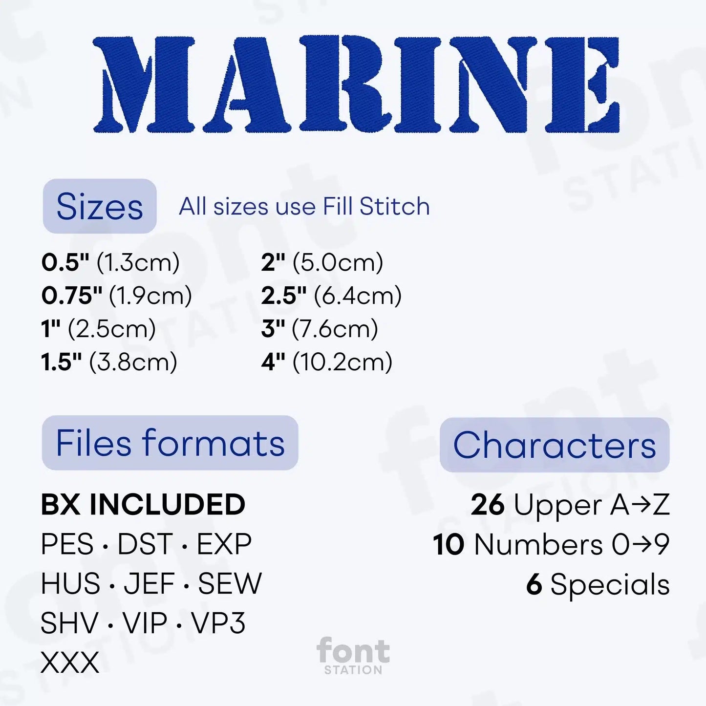 Image showing the different files formats, sizes, stitch type and available characters of the Marine Embroidery Font by FontStation