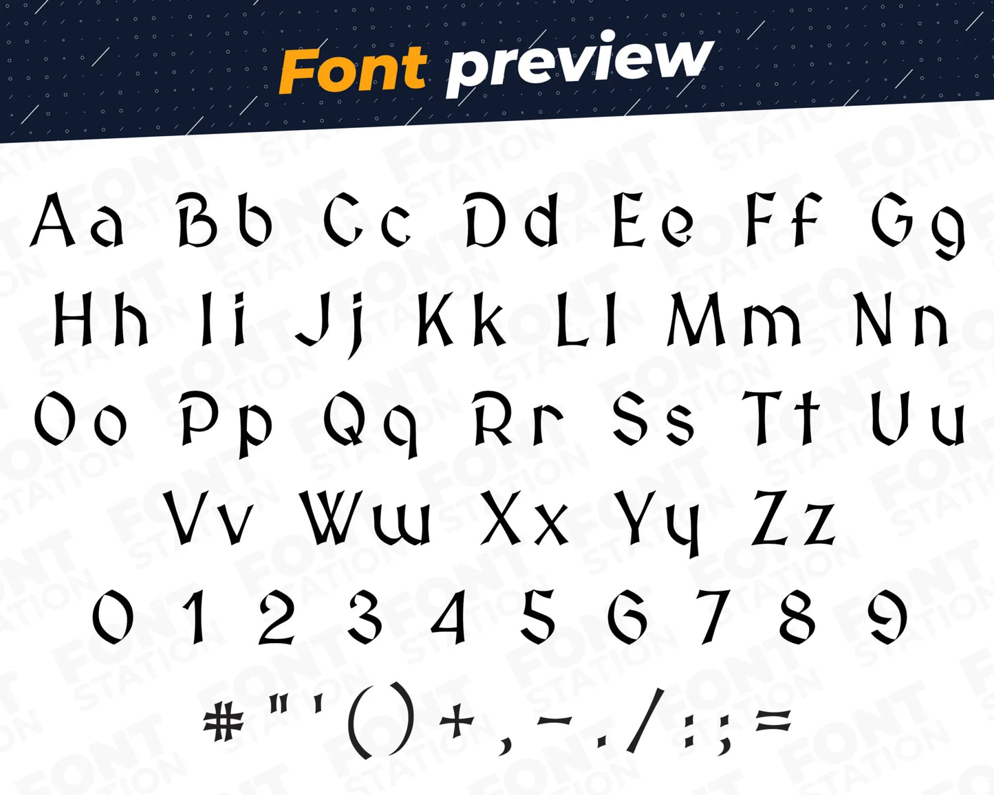 Image showing all characters available in the Medieval font created by FontStation.