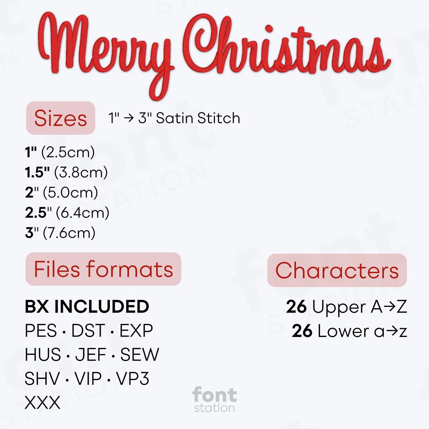 Image showing the different files formats, sizes, stitch type and available characters of the Merry Christmas Embroidery Font by FontStation