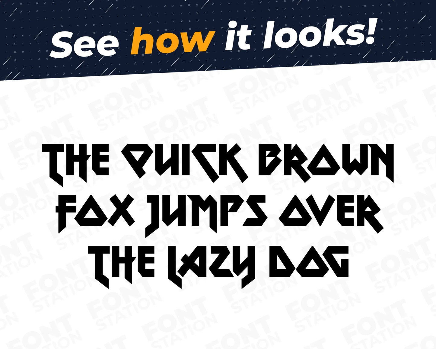 A complete showcase image of the Metal Music font, featuring the text 'The quick brown fox jumps over the lazy dog' to display every letter of the alphabet.