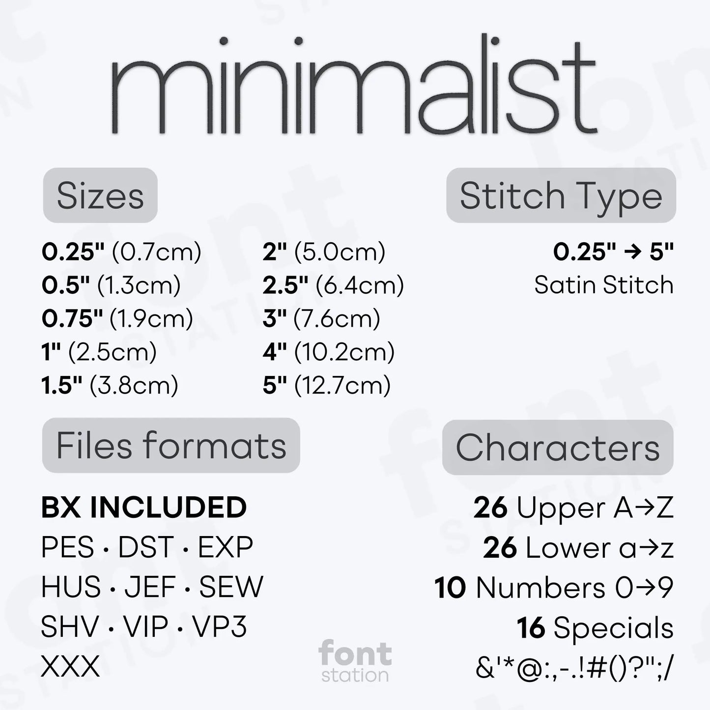 Image showing the different files formats, sizes, stitch type and available characters of the Minimalist Embroidery Font by FontStation