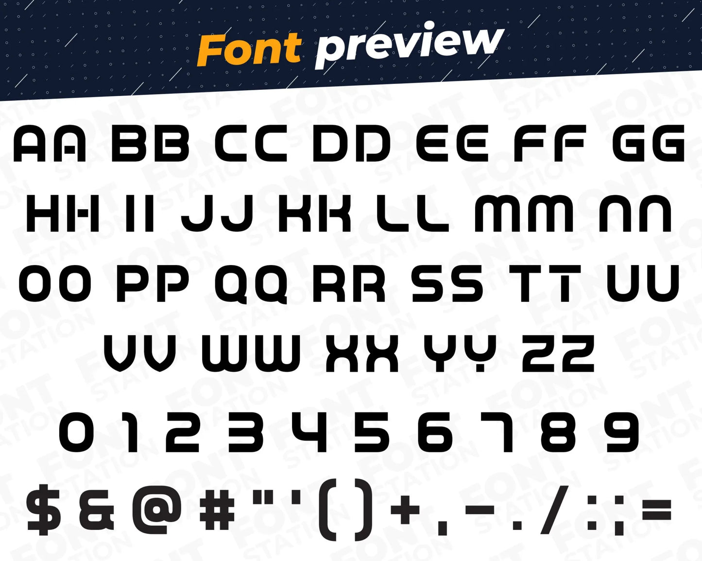 Image showing all characters available in the Modern Arcade font created by FontStation.
