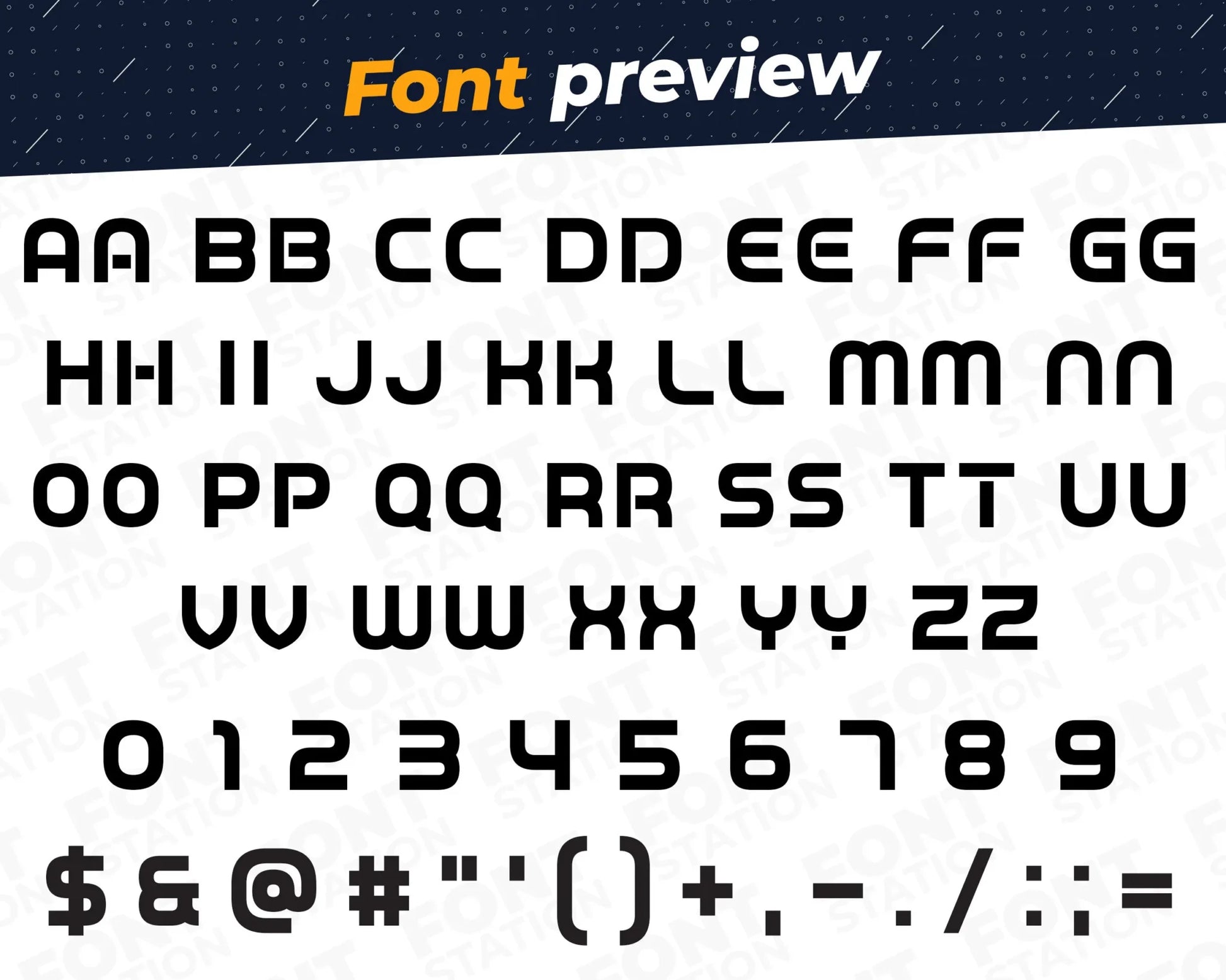 Image showing all characters available in the Modern Arcade font created by FontStation.