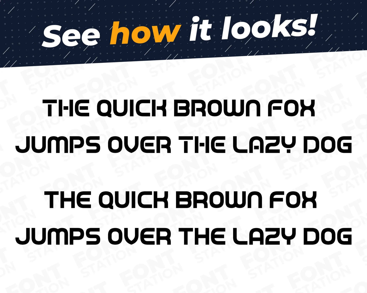 A complete showcase image of the Modern Arcade font, featuring the text 'The quick brown fox jumps over the lazy dog' to display every letter of the alphabet.