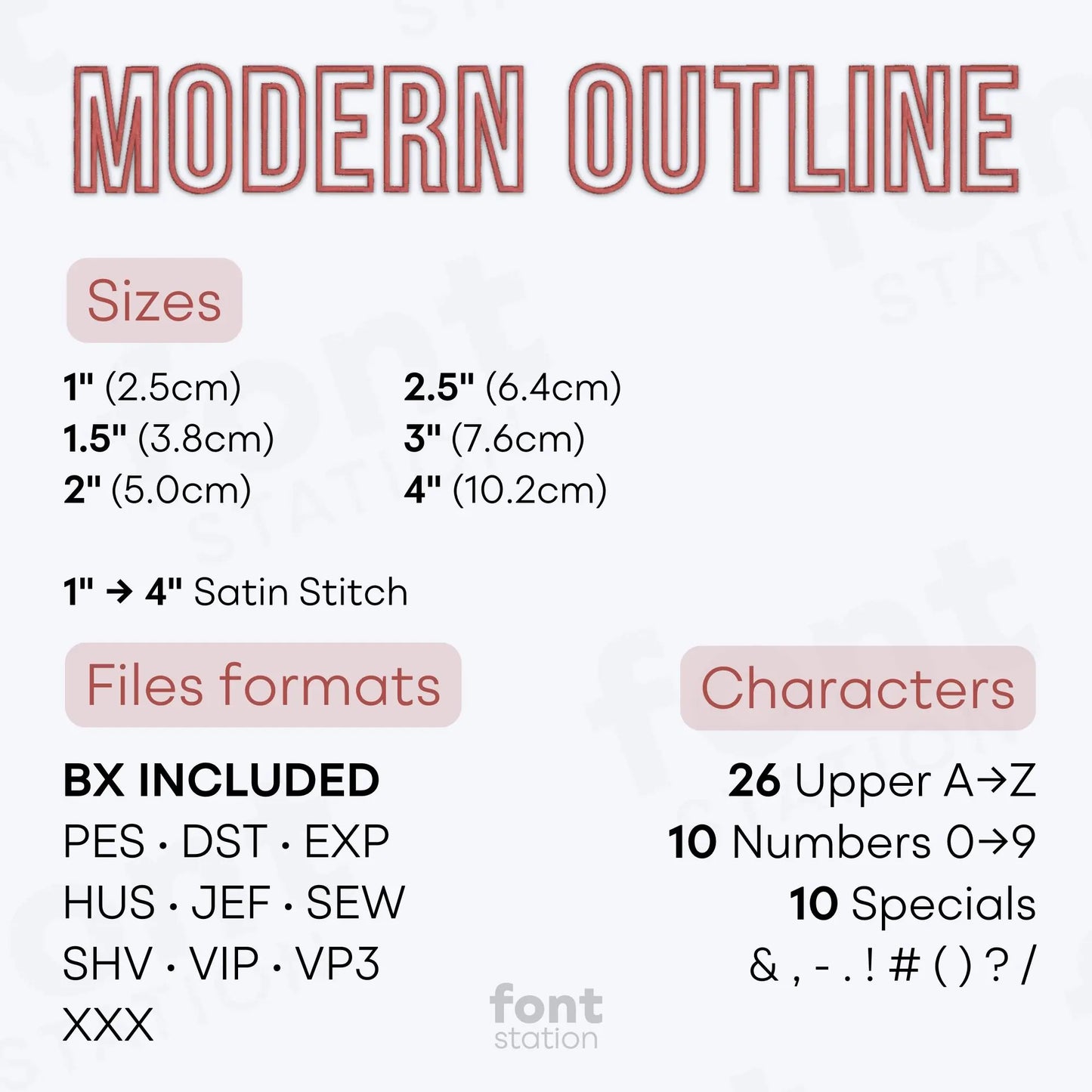 Image showing the different files formats, sizes, stitch type and available characters of the Modern Outline Embroidery Font by FontStation