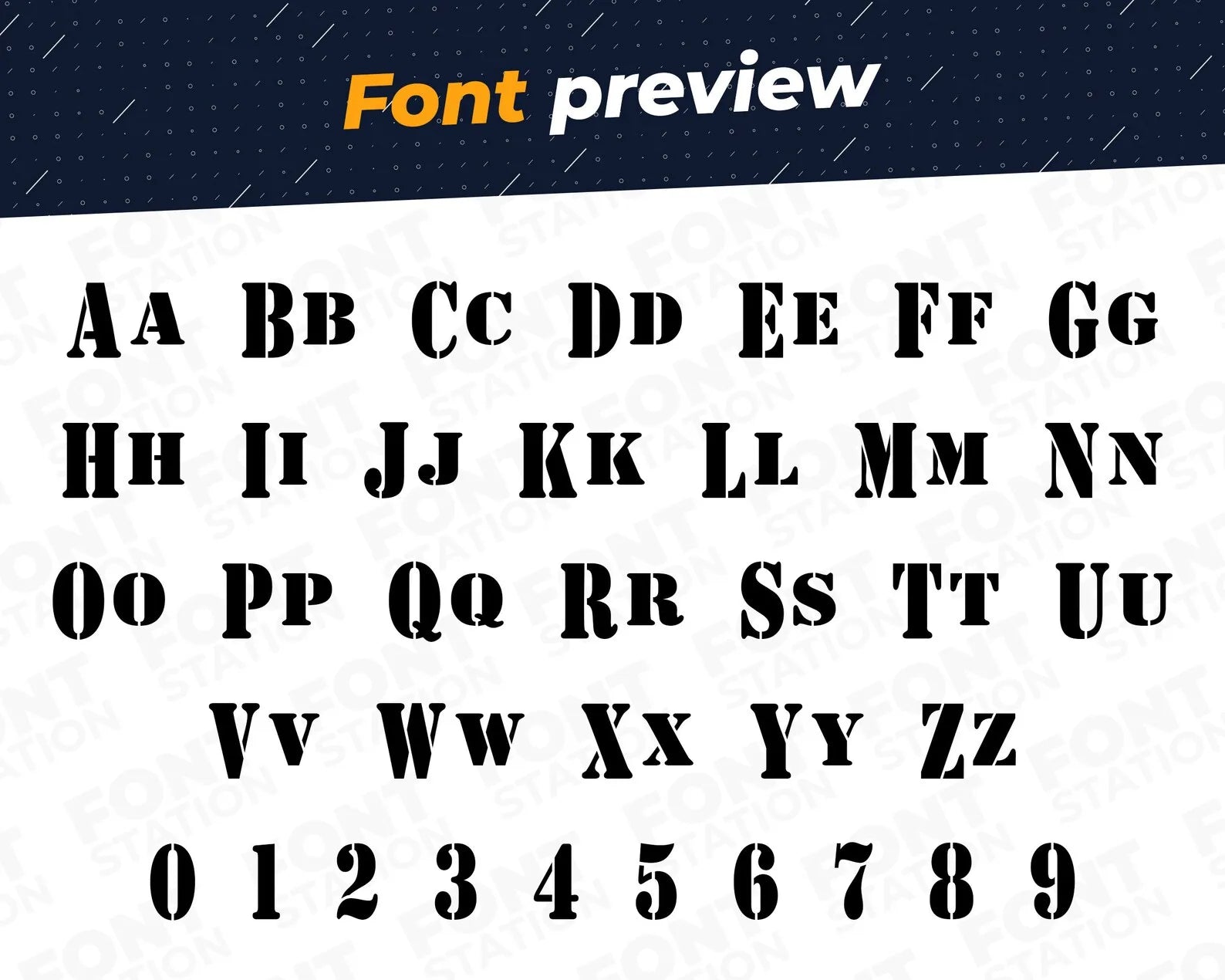 Image showing all characters available in the Navy Stencil font created by FontStation.