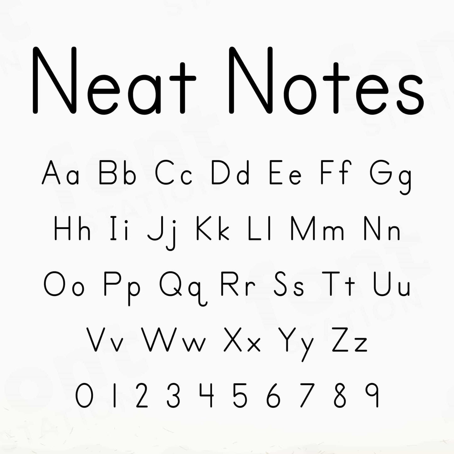 Image showing all characters available in the Neat Notes font created by FontStation.