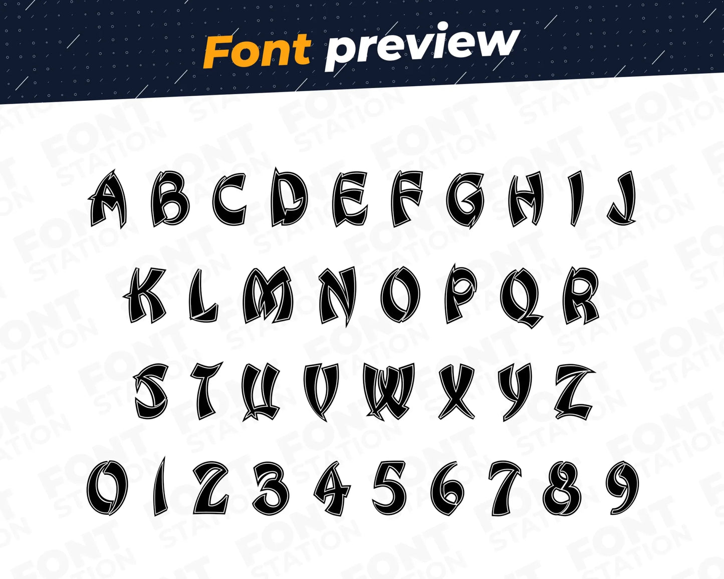 Image showing all characters available in the Ninja font created by FontStation.