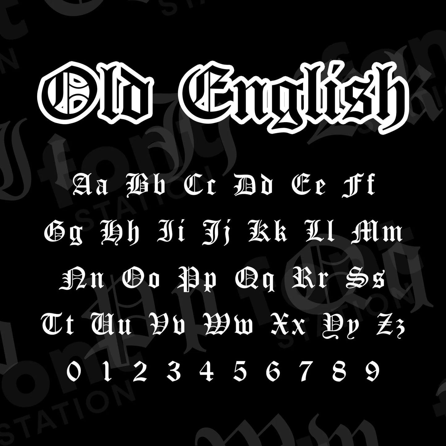 Image showing all characters available in the Old English font created by FontStation.