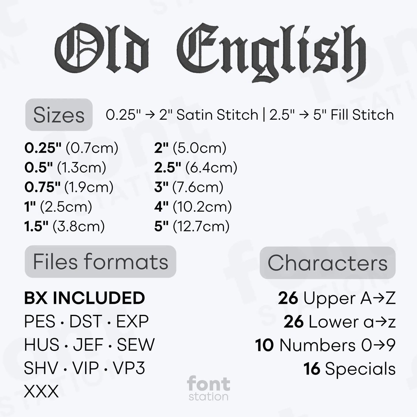 Image showing formats and sizes of the Old English embroidery font created by FontStation