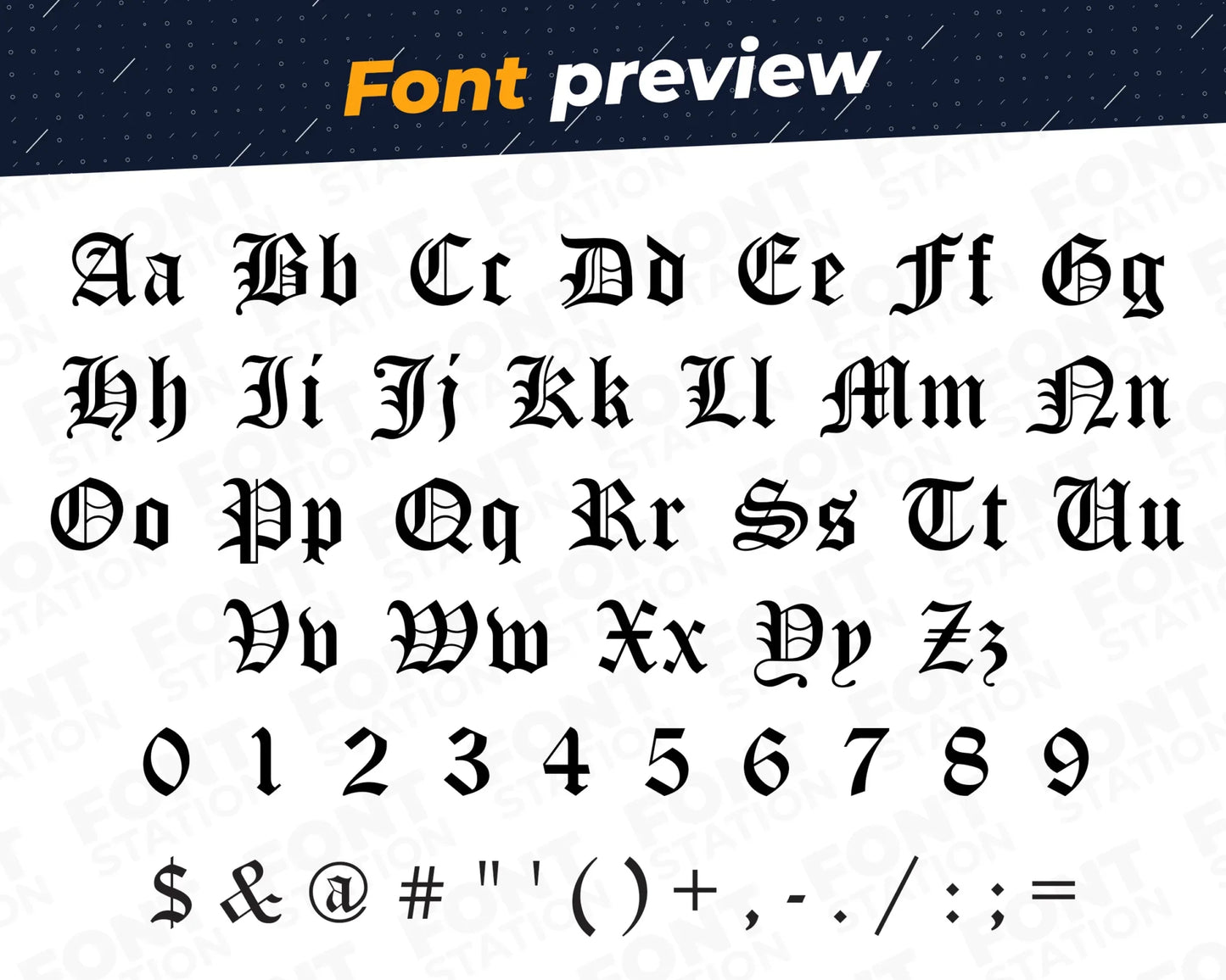 Image showing all characters available in the Old English font created by FontStation.