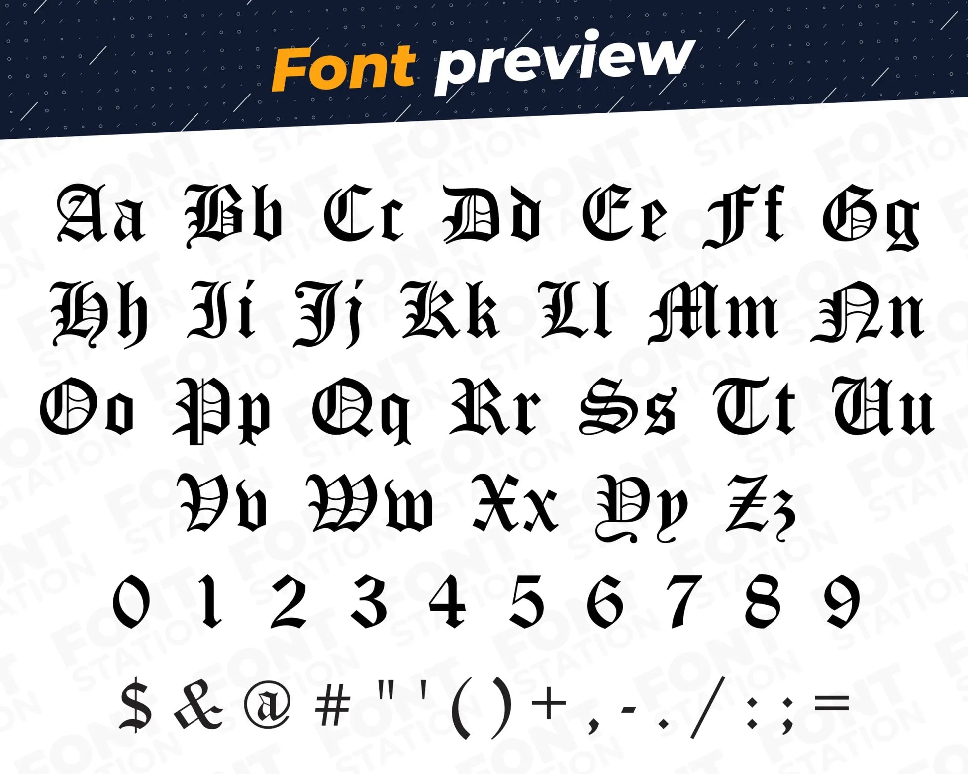 Image showing all characters available in the Old English font created by FontStation.