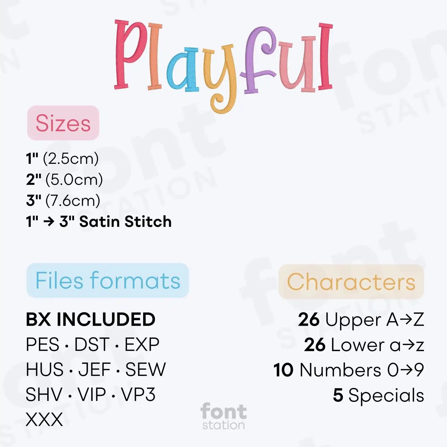 Image showing formats and sizes of the Playful embroidery font created by FontStation