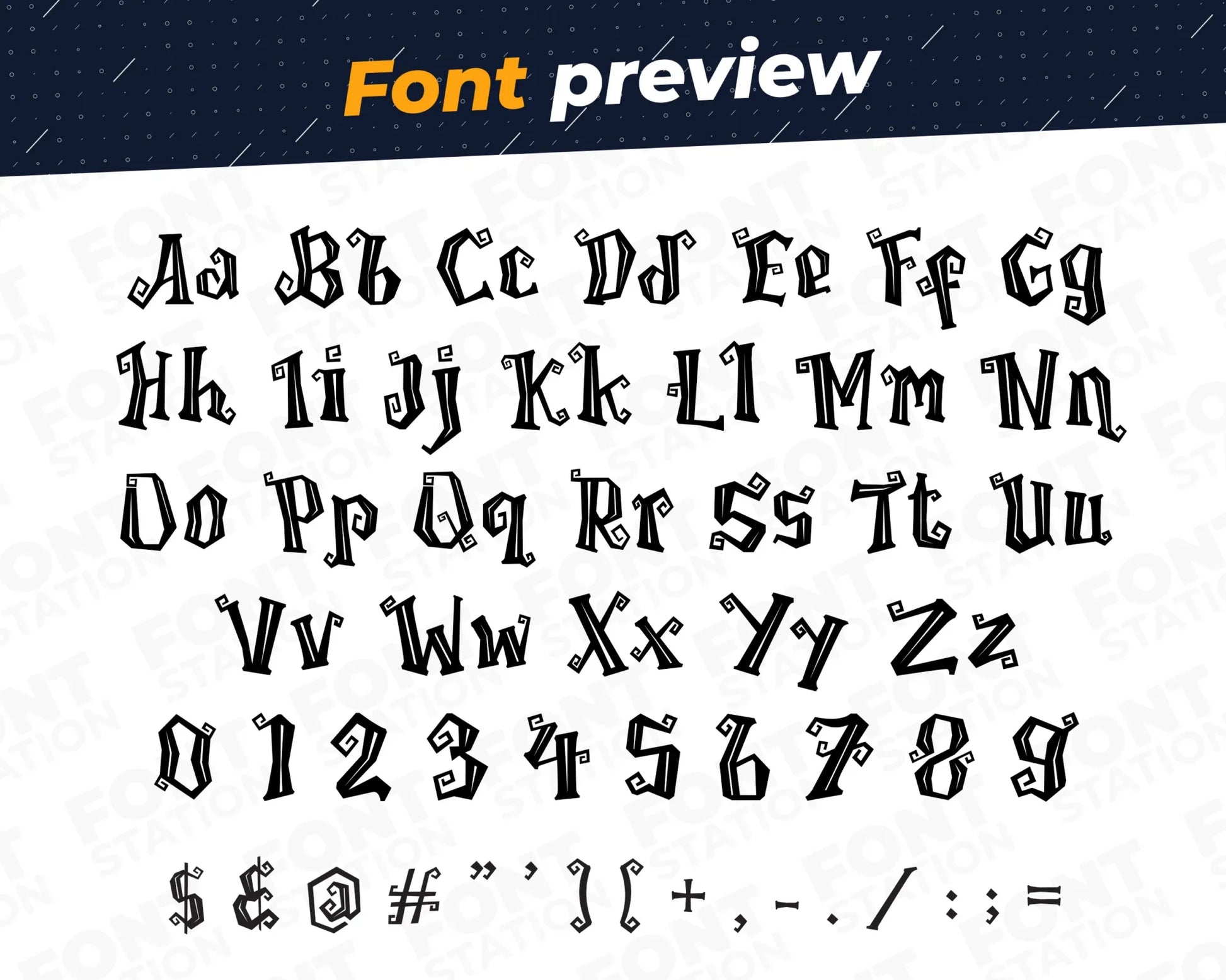 Image showing all characters available in the Pumpkin font created by FontStation.